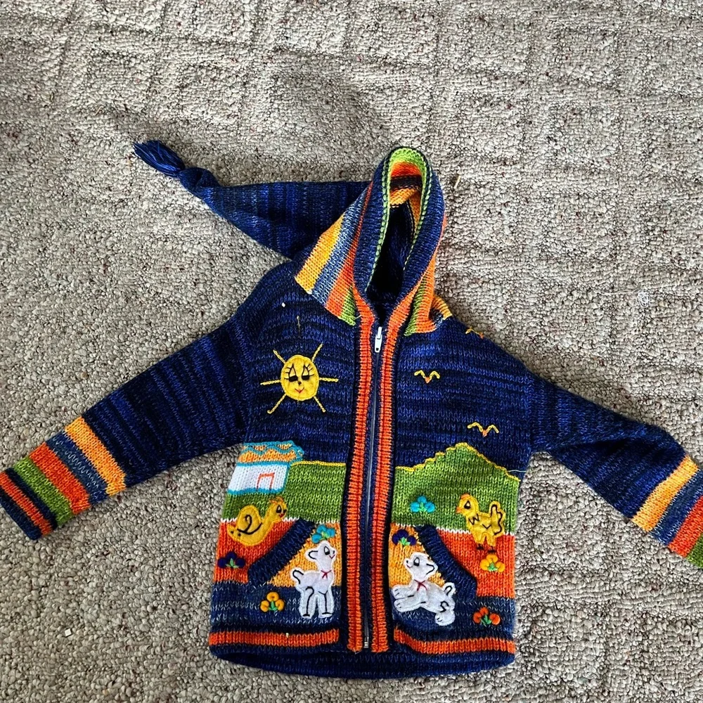 Kids Navy Hooded Zip Sweater with Colorful Animal Patchwork